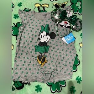 Disney Minnie Mouse Green & Gray Kids St Patrick’s Day Tee & Ears Girls XL